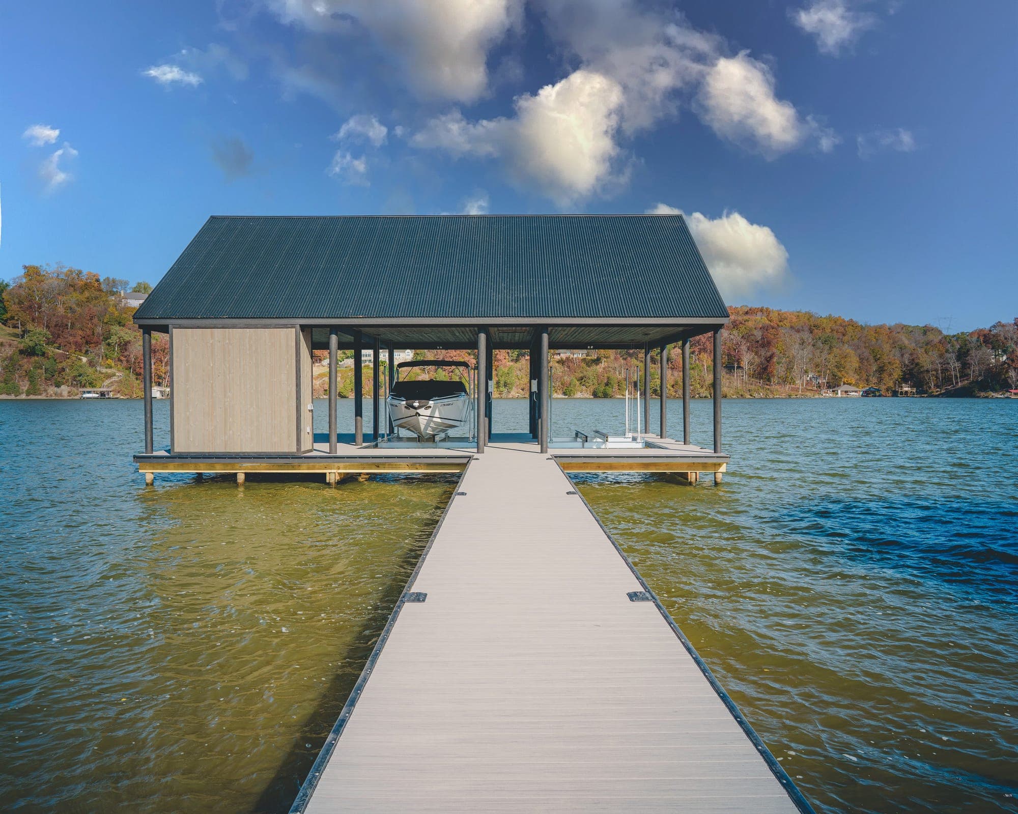 Rankin Ferry — boat dock with black metal roof and long center walkway