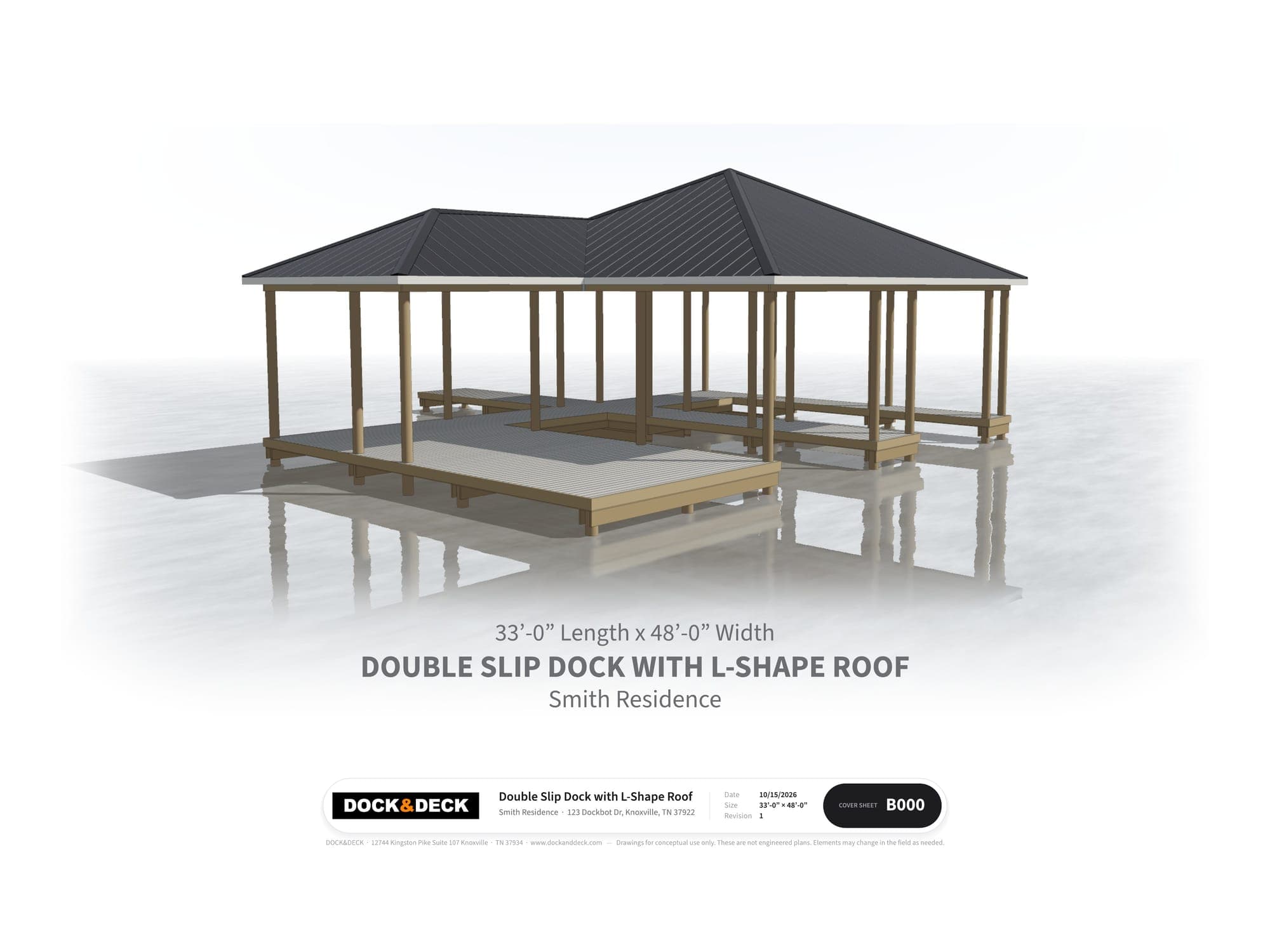 DOCK&DECK plan cover sheet with a 3D rendering of a 33 by 48 foot double-slip dock with an L-shaped metal roof